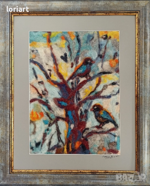 Ние врабчетата/вълнена живопис/плъст, снимка 1