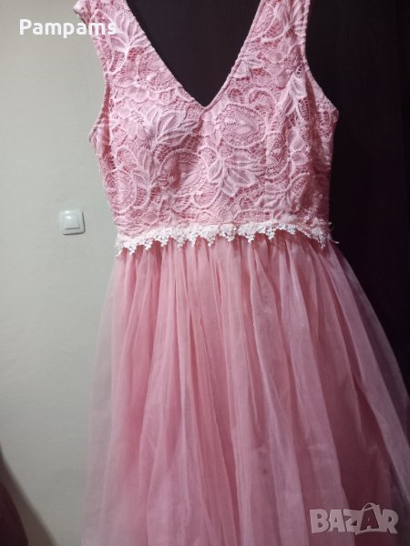 Официална рокля с тюл и дантела в розово, снимка 1