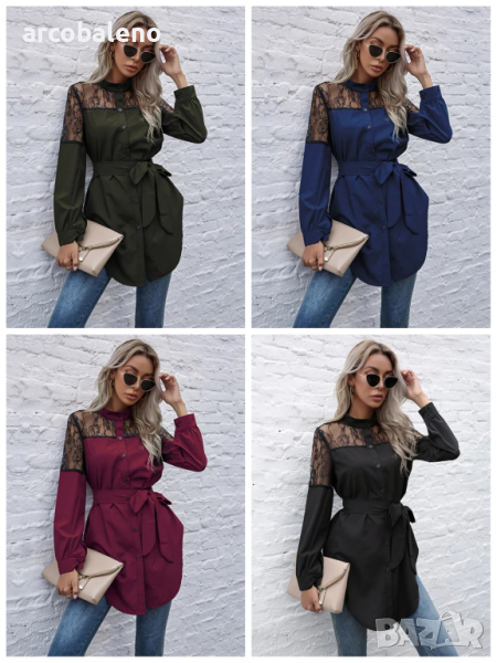 Дълга кръгла яка, дълги ръкави и талия, дамска дантелена риза, 4цвята , снимка 1