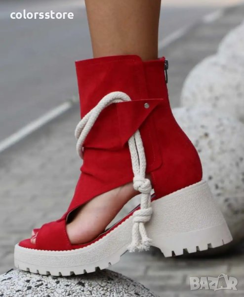 Летни боти на платформа - червен велур - LB44, снимка 1
