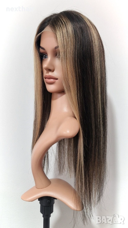 Естествена черна перука с руси кичури - 55 см, дантелена зона 4х4, снимка 1