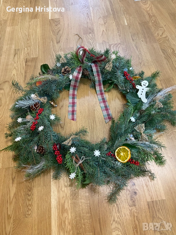 Коледен венец от естествени материали с LED лампички, снимка 1