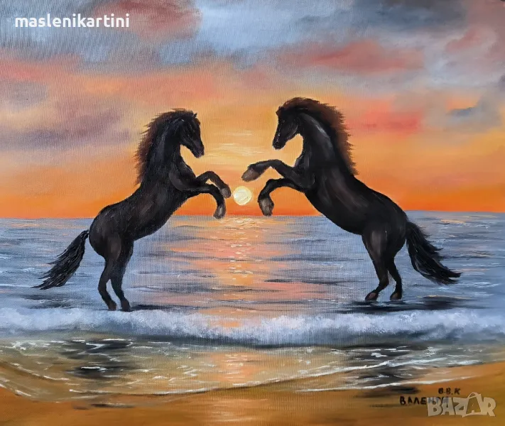 Морски залез и коне маслена картина , снимка 1