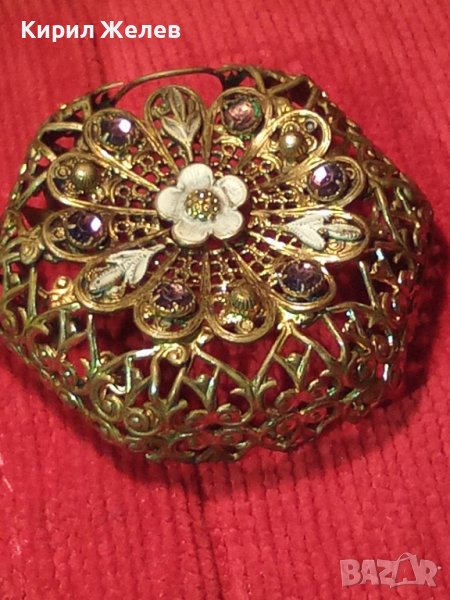 УНИКАЛНО РЯДКО ФИЛИГРАННО ПОЗЛАТЕН БРОНЗ ВЪЗРОЖДЕНСКО АЖУРНО ФЛОРАЛ УКРАШЕНИЕ с АМЕТИСТ КАМЪНИ 10947, снимка 1