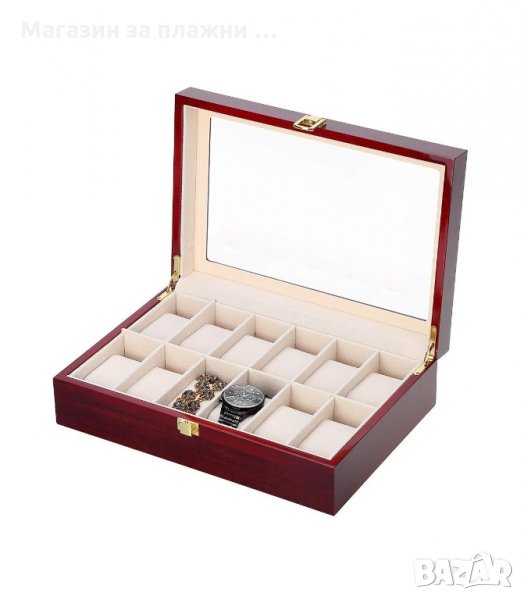 ДЪРВЕНА КУТИЯ С ПРОЗРАЧЕН КАПАК ЗА 12 ЧАСОВНИКА - код 2172, снимка 1