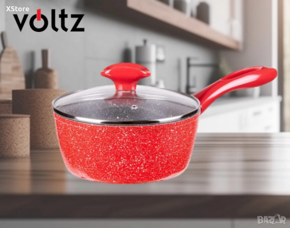 Касерола с капак Voltz, 18см./1.6л., Мраморно покритие, Индукция, Червен, снимка 1