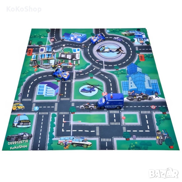Игрално килимче с пътища и полицейски коли/килим за игра с град, снимка 1