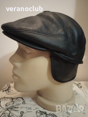 Зимен черен кожен каскет Лукс, снимка 1