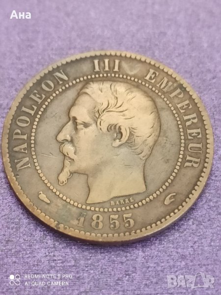 Монета 10 Сантима Наполеон 3 1855 година, снимка 1