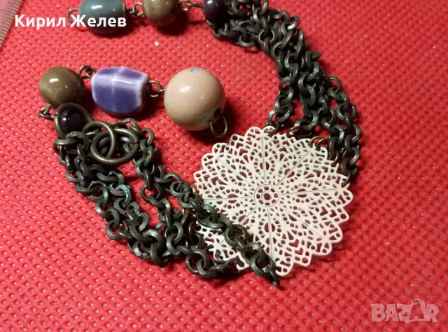 ФЛОРАЛНА ФИЛИГРАНЕН Тип МЕСИНГОВА ВИНТИДЖ ГРИВНА с ЦВЕТНА АРТ КЕРАМИКА 30523, снимка 4 - Гривни - 47298445