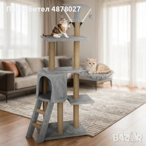 Драскалка кула за котки XXL 136 см – 7 нива, къщичка, легло, играчки и дърво за катерене, снимка 10 - За котки - 55997712