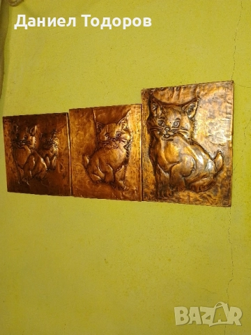 Стара Медна Декоративна Картина , Медно Пано - Котенца , снимка 6 - Картини - 51674292