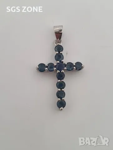 Сребърен Кръст със Сапфири/Изумруди, снимка 3 - Колиета, медальони, синджири - 49916501