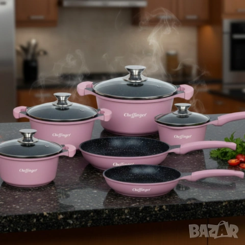 Комплект съдове за готвене Cheffinger от 10 части – тенджери и тигани с мраморно покритие за всички , снимка 3 - Съдове за готвене - 53307997