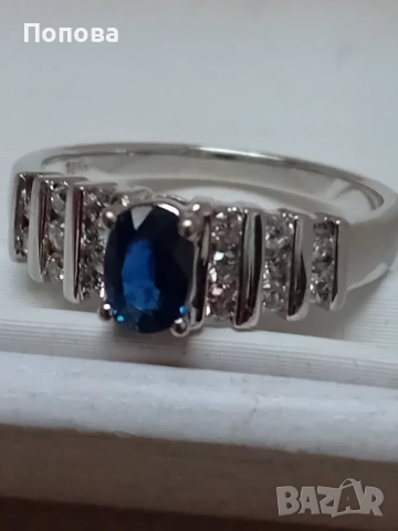 18 к. злато с диаманти и сапфир /златен пръстен бяло злато, снимка 5 - Пръстени - 53673542