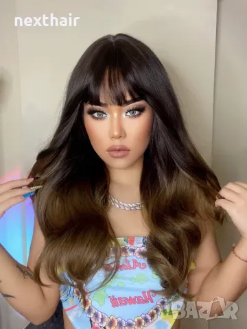 Кафява омбре перука два тона с бретон, снимка 4 - Аксесоари за коса - 48773330