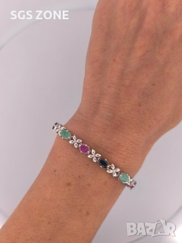 СРЕБЪРНА ГРИВНА С НАТУРАЛЕН САПФИР, РУБИН, ИЗУМРАД ОТ ТАЙЛАНД, снимка 3 - Гривни - 52315917