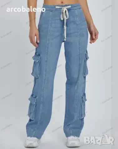 Модни дамски широки дънки с връзки Street Wash с много джобове, снимка 4 - Дънки - 48338263