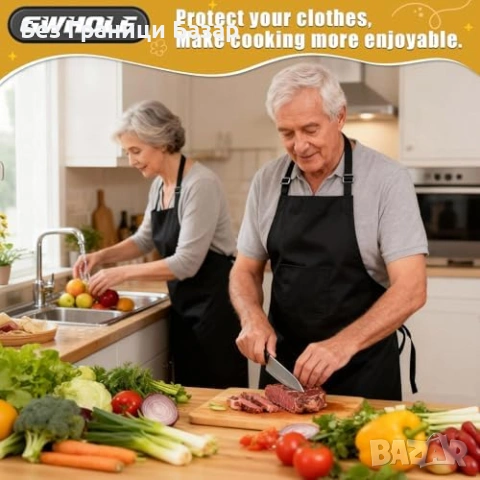 Нови 4 броя готварска престилка с 2 джоба регулируема унисекс черна, снимка 6 - Други - 53697189