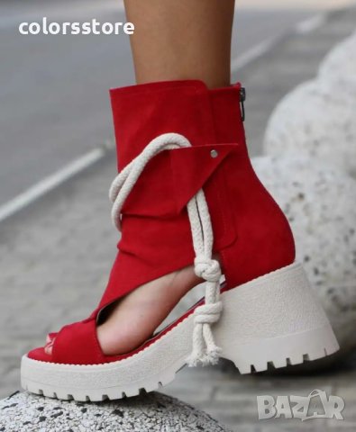 Летни боти на платформа - червен велур - LB44