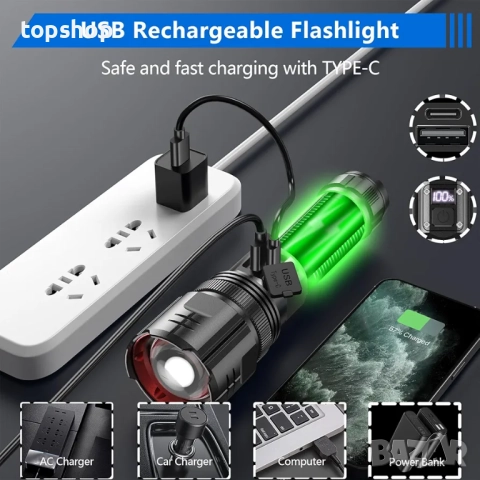 Чисто ново Фенерче daphomeu LED Super Bright, презареждащо се, пакет от 2 броя, фенерче 500 000 лум., снимка 5 - Други - 51882018
