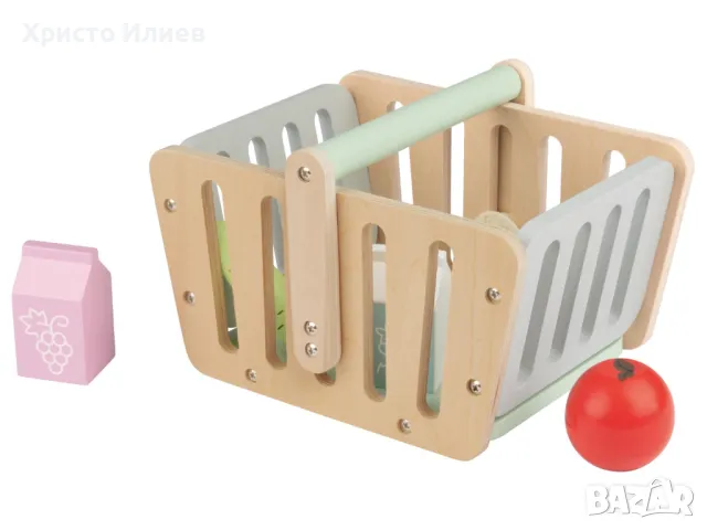 Дървена пазарска кошница с аксесоари подходяща за дървен магазин, снимка 3 - Образователни игри - 48851010
