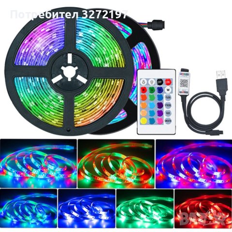 RGB LED лента,3 метра, 60 светлини,дистанционно упр.,USB,Bluetooth,Smart APP Control, снимка 1 - Лед осветление - 41244836