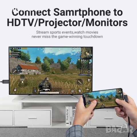 Кабел USB3.1 Type C Ъглов на 90° Мъжко към HDMI Мъжко 1.5m. Vention CGVBG Cable USB Type C - HDMI M/, снимка 4 - Кабели и адаптери - 36442926