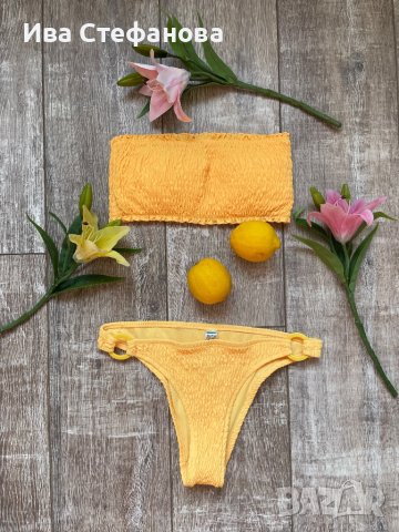 Нов патешко жълто бански костюм сет две части комплект М рипс рипсен , снимка 9 - Бански костюми - 41325719
