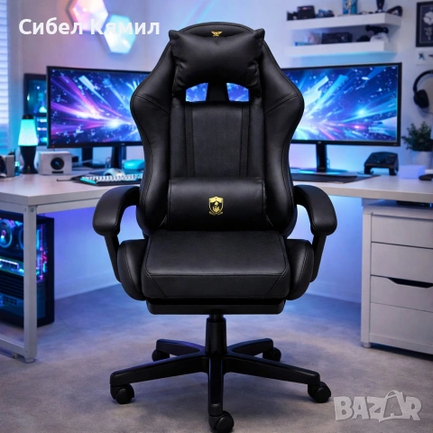 Премиум геймърски стол с масажна функция, поставка за крака и ергономична метална рамка, Черен, снимка 2 - Столове - 53454865