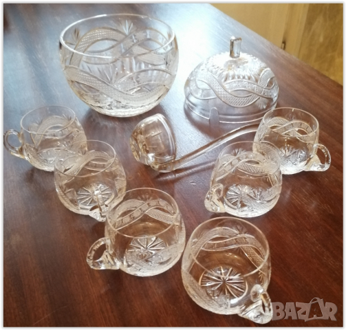 Кристален съд за боле с шест чаши и черпак, снимка 4 - Декорация за дома - 36299791