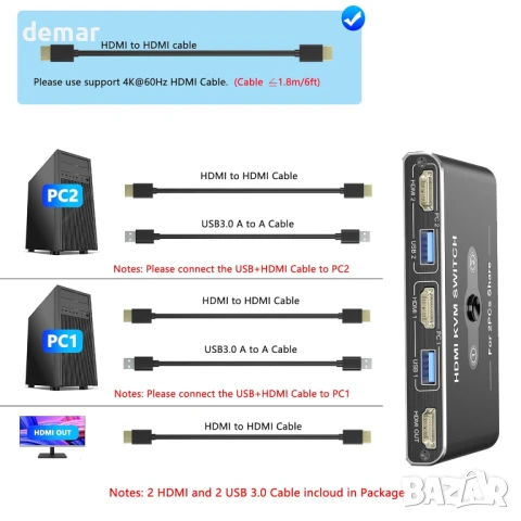 KVM превключвател 1 монитор 2 компютъра, HDMI 4K@60Hz, 4 порта USB 3.0, снимка 6 - Друга електроника - 50443154