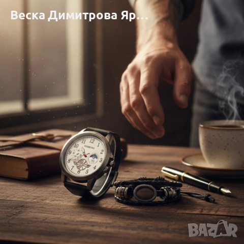 Мъжки часовник с големи цифри и подаръчна гривна – стил и практичност в готов комплект, снимка 2 - Бижутерийни комплекти - 52109487