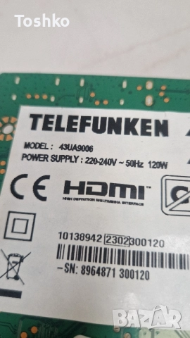 TELEFUNKEN 43UA9006 MAIN 17MB185 POWER 17IPS72 TCON 6870C-0805A PANEL VES315QNDL-N2-N42, снимка 3 - Части и Платки - 52078194