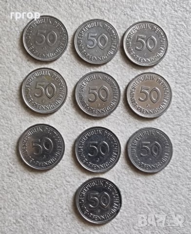 Монети . Германия. ФРГ.  50 пфенига . Различни до една години. 10 бройки.