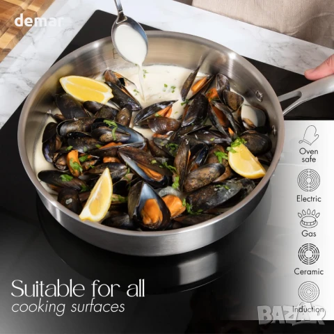 Тиган от неръждаема стомана nuovva със стъклен капак – индукционен котлон, незалепващ тиган – 28 см, снимка 7 - Съдове за готвене - 51168361