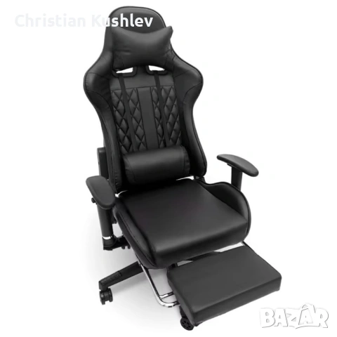 Геймърски стол с прибираща се подложка за крака и функция за масаж - черен, снимка 2 - Столове - 53275414