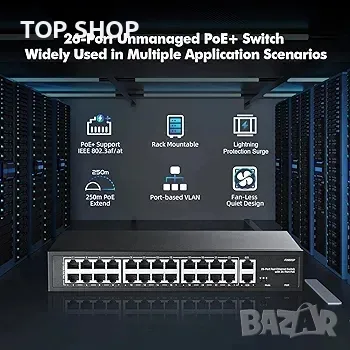 24-портов PoE превключвател, 10/100Mbps PoE+ портове, 2 Gigabit Ethernet Uplink, снимка 6 - Друга електроника - 48764433