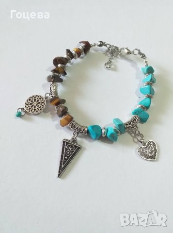 Много красива Бохо гривна със скъпоценни камъни Тюркоази и Тигрово око, снимка 5 - Гривни - 26953448