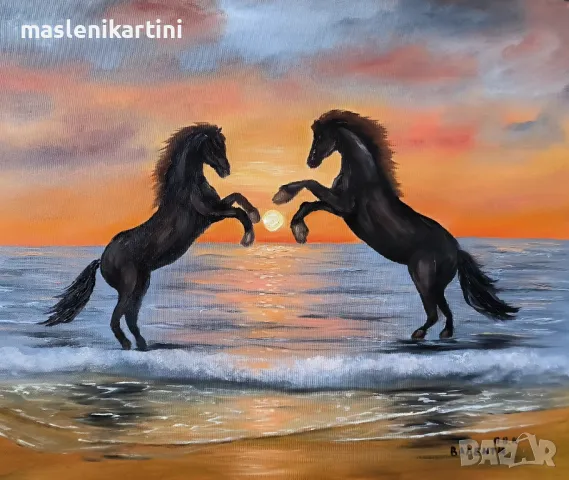 Морски залез и коне маслена картина 