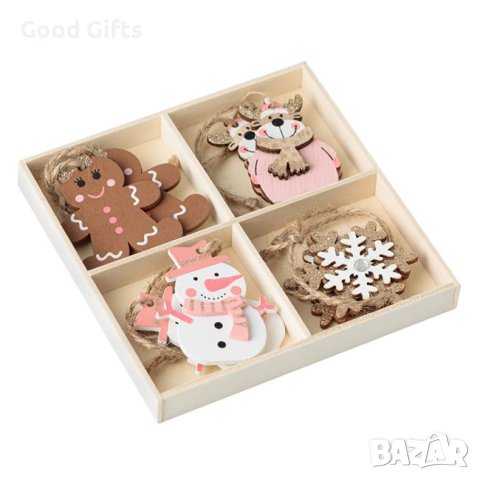 8 броя Дървени Розови фигурки за елха, 6см