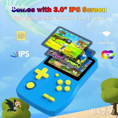 НОВА, ТЕСТВАНА 32-битова ръчна игрова конзола за деца, 3.0" IPS екран с вградени 139 HD видеоигри..., снимка 6 - Други игри и конзоли - 50577145