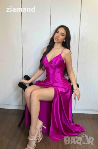 Дълга сатенена рокля с цепка, снимка 3 - Рокли - 48825013