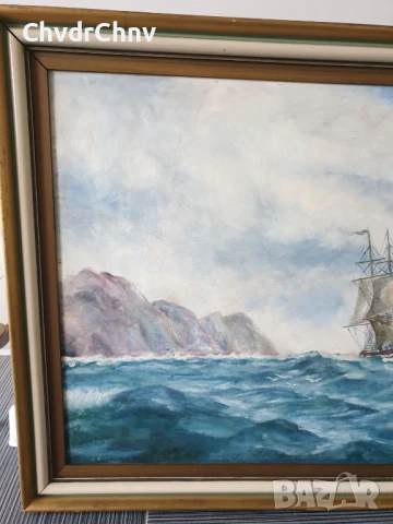 Lindahl 110х74см/стара голяма картина масло върху фазер/морски пейзаж/кораб/1943г/дървена рамка, снимка 2 - Картини - 50703313