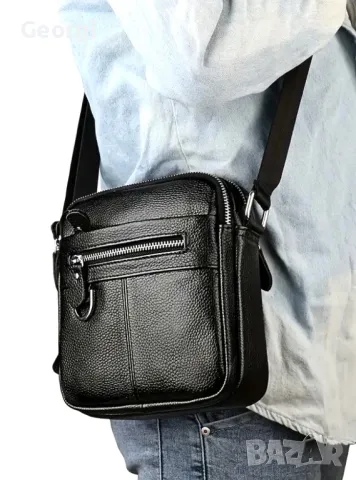 Класическа, Елегантна и Функционална мъжка чанта /Черна естествена кожа!