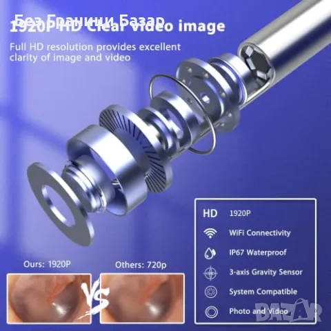Нова Камера за почистване на уши 1920P HD отоскоп 6 LED 8 накрайника за iOS Android, снимка 2 - Други - 55955068