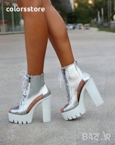 Летни боти на ток - сребриста кожа с бяло ходило - 74 