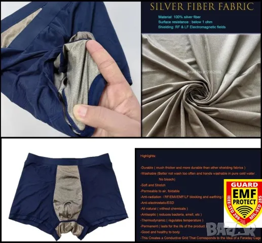Боксерки Антибактериално Бельо с Подплата от Сребърни Нишки EMI RF 5G BT EMF Анти Радиационна Защита