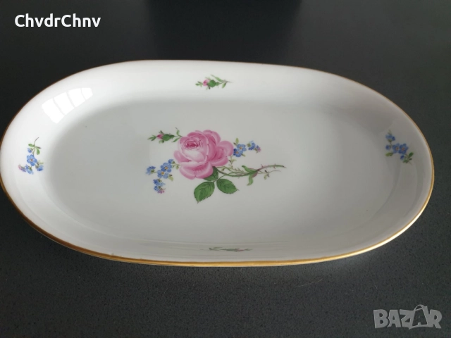 Meissen вази 14-17см/чиния 29см/стара Майсен порцеланова ваза-плато/бяла-цветя-злато, снимка 11 - Вази - 52463835