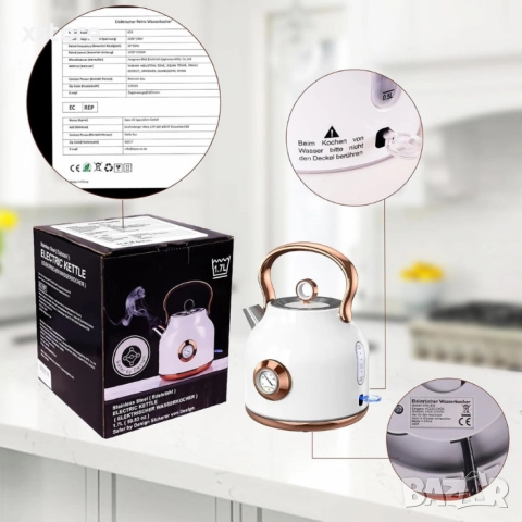 Електрически чайник NESSGRAIM от неръждаема стомана с ретро термометър – 1.7 L, 2200W, снимка 7 - Кани - 52697763